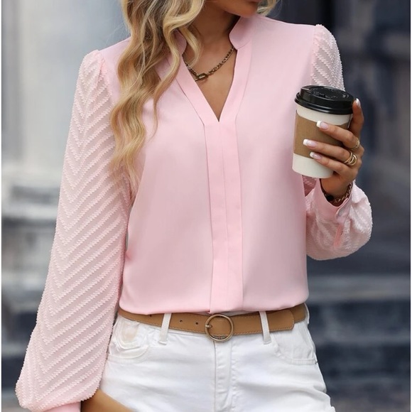 Delilah Wear Tops - New pink notched neck long sleeve blouse
